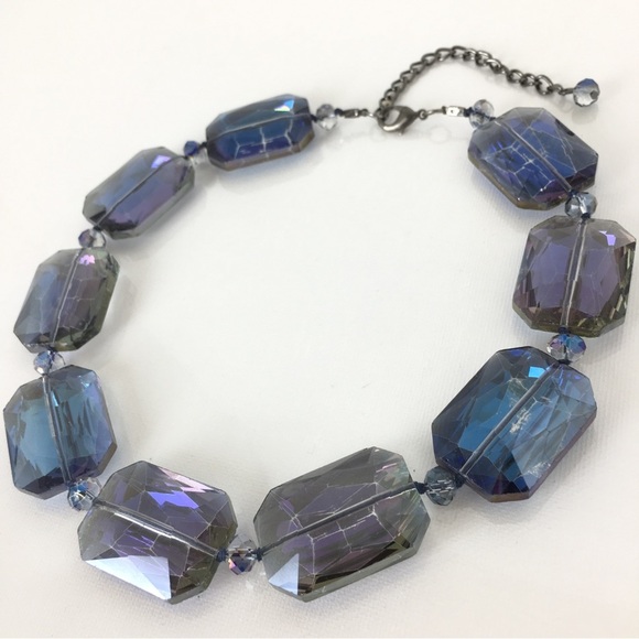 Chunky Iridescent Blue Glass Necklace Faceted Rectangular Beads Collar Lngth - Picture 1 of 15